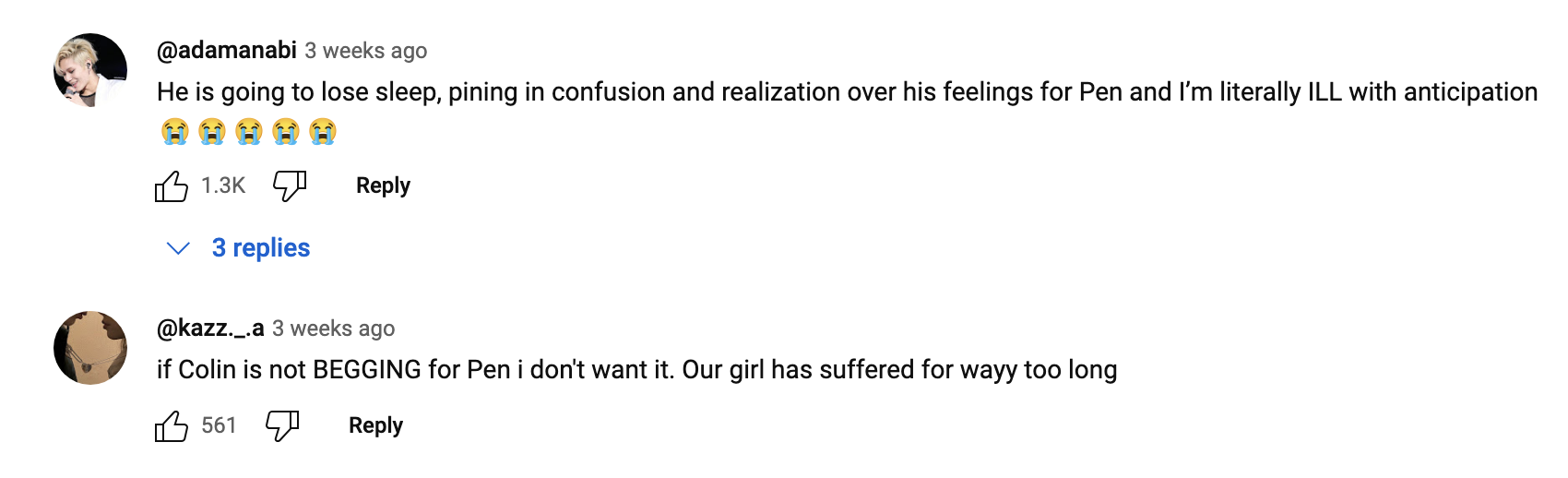 Comments on a social media post discussing a person's feelings for Pen and anticipation for a reveal