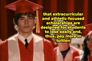 Scene from a film with a male student in graduation attire; quote on extracurricular and athletic scholarships