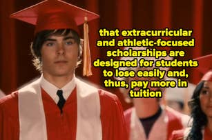 Scene from a film with a male student in graduation attire; quote on extracurricular and athletic scholarships
