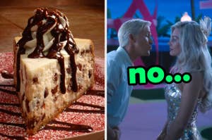 On the left, a slice of chocolate chip cheesecake topped with whipped cream and chocolate sauce, and on the right, Ryan Gosling leaning in to kiss Margot Robbie as Ken and Barbie labeled no