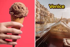 Hand holding an ice cream cone, split view with a gondola in Venice on the right