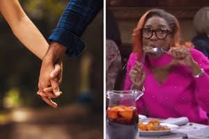 On the left, a couple holding hands, and on the right, Ego Nwodim eating steak in an SNL sketch