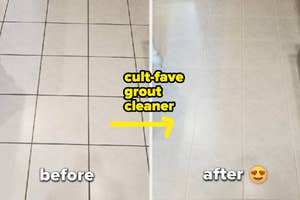 Before and after images of tile grout cleaned by a popular cleaner, showing significant improvement