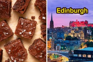 A split image: left side shows close-up of brownies; right side features Edinburgh skyline with illuminated castle