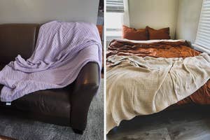 Two sofas draped with textured throws, one lilac waffle weave and one tan cable knit, demonstrating cozy home decor options
