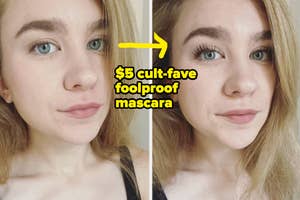 Before and after comparison of a person using $5 mascara, showing enhanced eyelashes