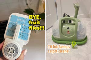 Hand holding fruit fly trap next to image of a Bissell Little Green carpet cleaner, titled "TikTok-famous carpet cleaner."