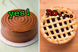 On the left, a chocolate cake labeled yes, and on the right, a blueberry pie labeled no