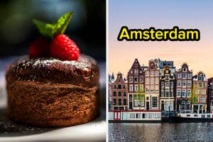 Left: A chocolate cake with a raspberry on top. Right: Text "Amsterdam" above canal houses and boats