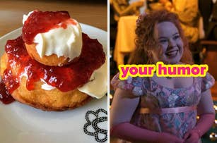 Left: A dessert with whipped cream and topping. Right: Text "your humor" over a smiling woman in historical dress