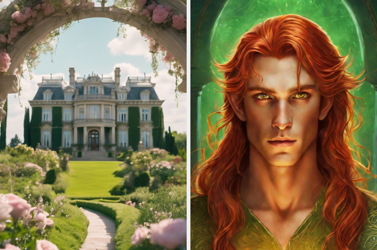 Left: An elegant mansion with an archway and manicured garden. Right: Illustrated character with red hair and green eyes