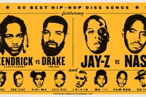 Graphic with faces of hip-hop artists for "50 Best Hip-Hop Diss Songs" list, including Kendrick, Drake, Jay-Z, Nas, and others