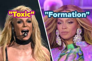 Britney Spears performing with a headset; Beyoncé in a purple outfit with large earrings. Text: "Toxic" and "Formation"