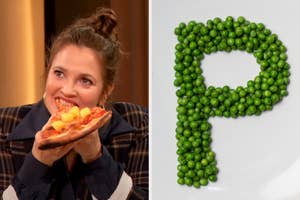 On the left, Drew Barrymore eating pizza, and on the right, some peas arranged into the letter P