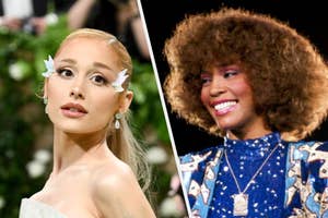 Ariana Grande with wings on her eyes at the Met Gala and Whitney Houston smiling in a bejeweled blue dress.