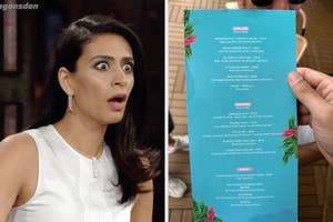 Woman with surprised expression holding a menu; the menu lists various dishes and prices