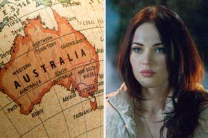 Map of Australia on the left; right shows a woman with long hair, possibly from a film scene