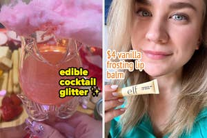 reviewer holding an e.l.f. cosmetics lip balm, with a photo of a drink with edible glitter aside