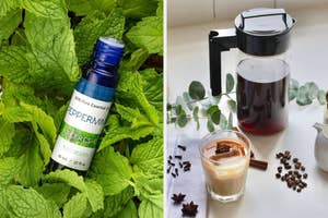 Essential oil bottle nestled in fresh peppermint leaves; a glass of iced coffee beside a French press and coffee beans