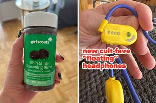 Hand holding Girl Scouts Thin Mints Seasoning Blend; another with yellow floating headphones