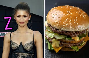 On the left, Zendaya with Z typed next to her face, and on the right, a cheeseburger