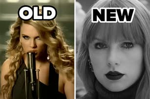 Split image comparing Taylor Swift's older and newer look; 'OLD' over left photo and 'NEW' over right