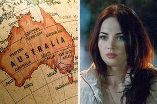 Map of Australia on the left; right shows a woman with long hair, possibly from a film scene