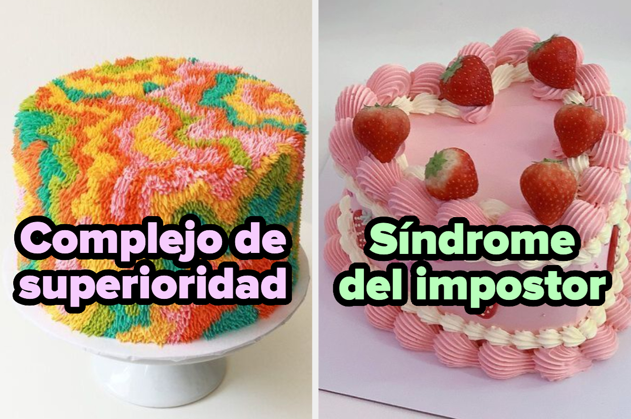 Dos pasteles decorados, uno redondo con un patrón colorido, el otro en forma de corazón con fresas. Texto sobre impresiones de autoestima