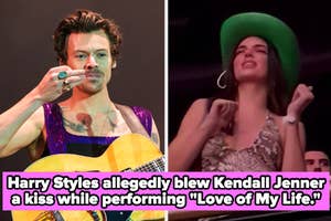 Harry Styles on stage with guitar; Kendall Jenner reacts emotionally. Text: Harry Styles allegedly blew Kendall Jenner a kiss during "Love of My Life."