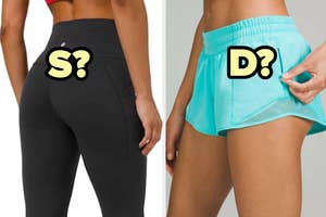 Side-by-side comparison of two women wearing different styles of exercise shorts with question marks indicating a choice