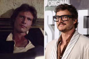 Two side-by-side photos: Left, young Harrison Ford as Han Solo; right, older Pedro Pascal in glasses and scarf