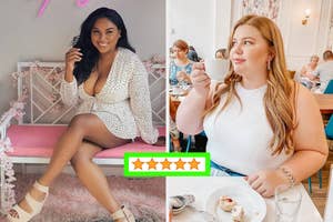 reviewer posing white romper with black polka dots and reviewer wearing white bodysuit