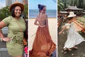 reviewer wearing olive green tie waist dress, reviewer posing in open back maxi dress, and reviewer twirling in puff sleeve maxi dress