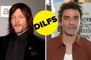Split image with Norman Reedus in a black suit on the left and Oscar Isaac in a brown jacket on the right with the text "DILFS" in a circle overlay