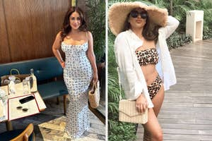 reviewer posing in floral maxi dress and reviewer posing in leopard print two piece swimsuit