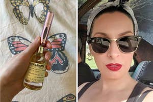 Left: travel-size perfume atomizer, Right: reviewer wearing red matte lipstick