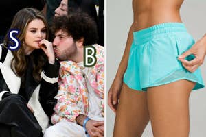 Two separate images: Left shows a couple whispering at an event; Right is a model in blue running shorts showing back pocket detail