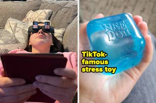 Person using a head-mounted device while holding a tablet and text about a TikTok famous stress toy