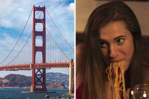 On the left, the Golden Gate Bridge, and on the right, Allison Williams eating spaghetti as Marnie on Girls