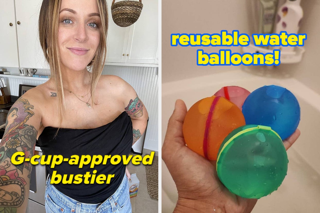 Woman in one-shoulder top smiles; hand holds eco-friendly reusable water balloons