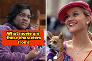 Two scenes: left, a woman sitting, looking serious; right, a woman with a dog, smiling. Text: "What movie are these characters from?"