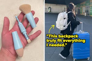 alleyoop four in one makeup brush and reviewer wearing white backpack