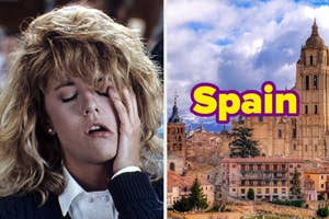 Split image with Sally from "When Harry Met Sally" in the diner on the left and a scenic view of an old Spanish city with "Spain" text on the right