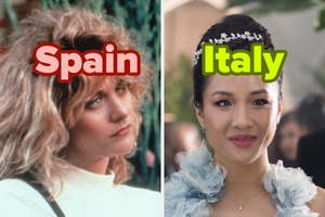 Side-by-side images of lead actresses from "When Harry Met Sally" and "Crazy Rich Asians" with the words "Spain" and "Italy" over them