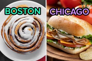 On the left, a cinnamon roll labeled Boston, and on the right, a sub sandwich labeled Chicago