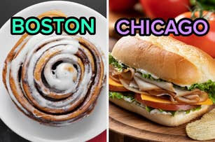 On the left, a cinnamon roll labeled Boston, and on the right, a sub sandwich labeled Chicago