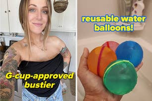 Woman in one-shoulder top smiles; hand holds eco-friendly reusable water balloons