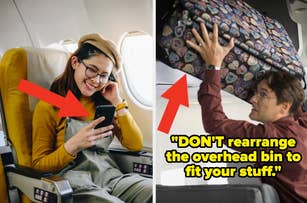 Woman seated on plane looking at phone; man struggles with luggage in overhead bin with text: "DON'T rearrange the overhead bin to fit your stuff"