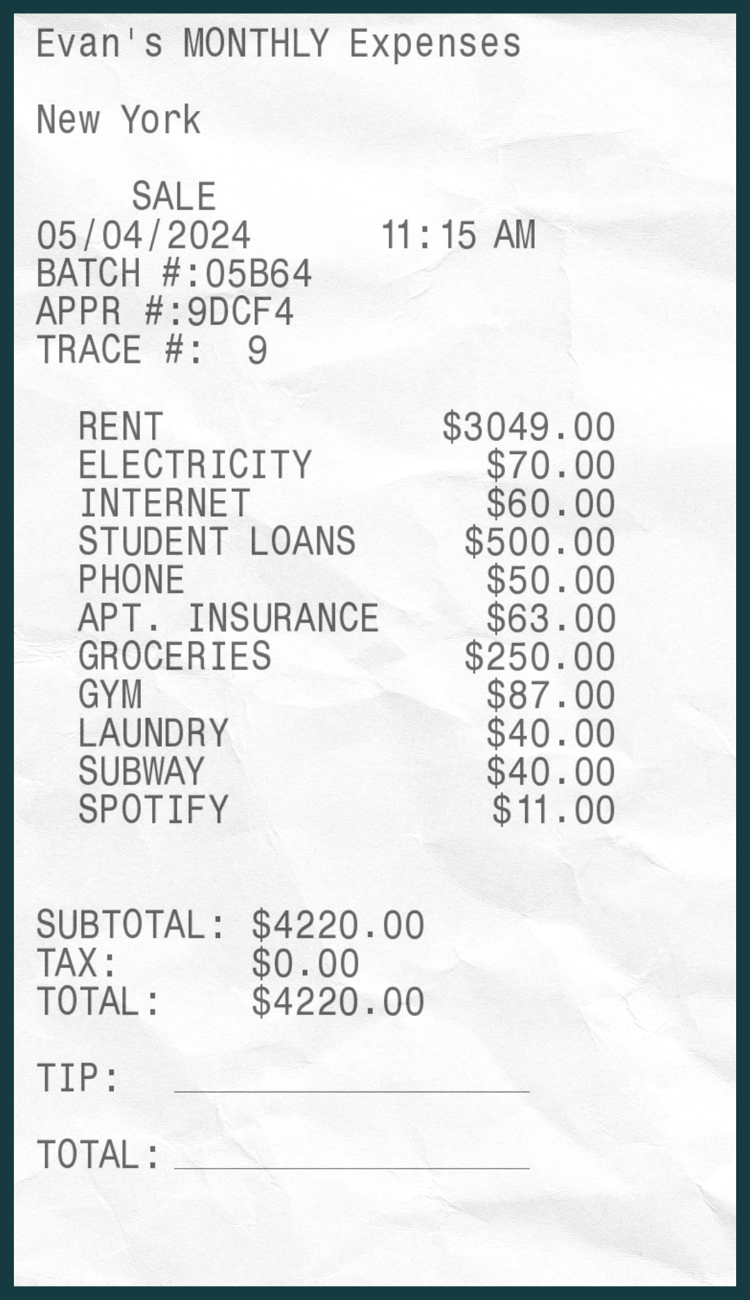 Receipt listing various expenses including rent, utilities, phone, and transportation totaling $4220