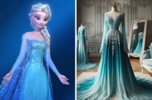 On the left, Elsa from Frozen, and on the right a dress similar to Elsa's on a mannequin